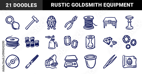 Hand-drawn jewelry making tools and gemstone elements in a naive blue marker doodle style. Rustic goldsmith equipment and lapidary workshop sketches.