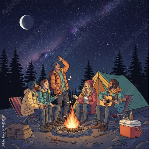 Group of Friends Camping Under Starry Night.