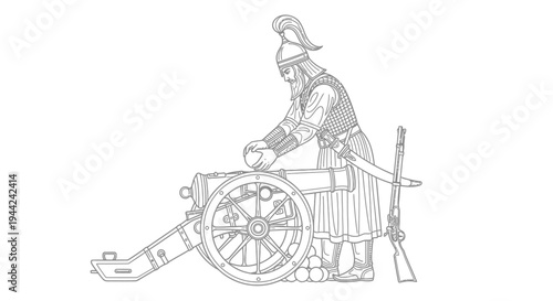Ancient warrior loading cannon with musket and sword, historical battle scene