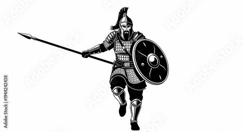 Ancient Warrior with Spear and Shield, Running Attack Pose, Black and White Illustration