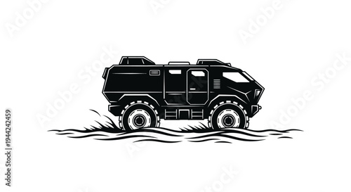 Armored Military Vehicle Driving Through Muddy Terrain, Tactical Off-Road Vehicle