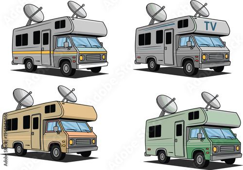 Cartoon illustration of satellite news vans with dishes on roofs, colorful variations, representing mobile broadcasting vehicles, live reporting, communication, and television media design concepts.