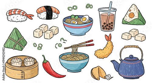A vibrant collection of hand-drawn Asian food illustrations, including sushi, ramen, dim sum, bubble tea, and other traditional dishes and culinary elements.