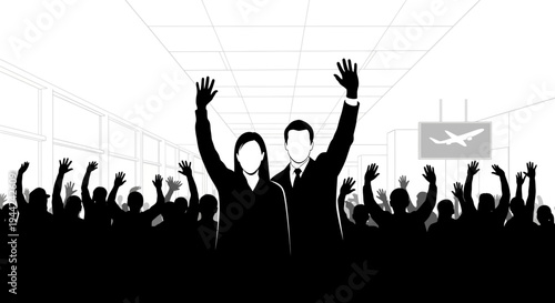 Business People Waving Goodbye at Airport Terminal with Airplane Sign