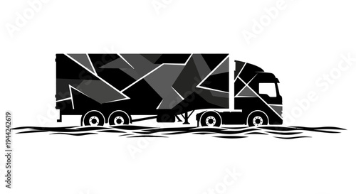 Camouflage Trailer Truck Driving on Abstract Wavy Road