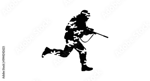 Camouflaged Soldier Running with Rifle Silhouette, Military Action Concept