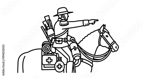 Cavalry soldier on horseback pointing forward, historical military illustration
