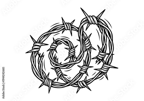 Barbed Wire Spiral Illustration Black and White.