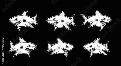 Set of Six Aggressive Shark Illustrations in Black and White.