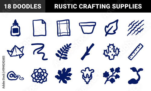 Hand-drawn botanical and craft elements for organic branding. Rustic naive marker sketch illustrations featuring plants, leaves, and DIY workshop tools.