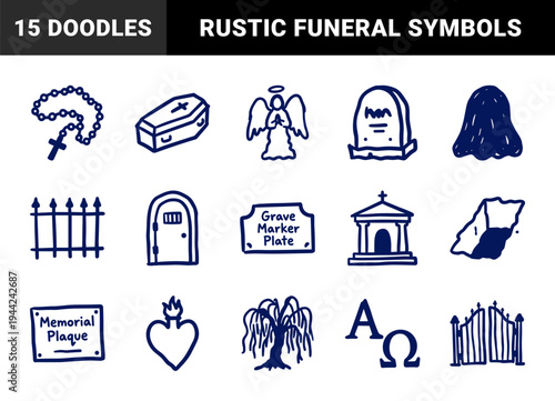 Funeral and cemetery memorial elements for mourning stationary. Crude marker sketch illustrations featuring grave, coffin, and angel concepts.