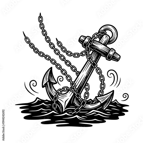 Vintage Anchor with Heavy Chains in the Ocean.