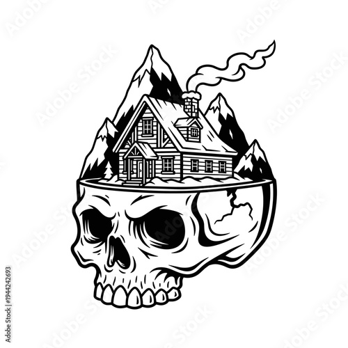 Skull with a cozy cabin and mountains emerging from its top, a unique blend of nature and human anatomy.