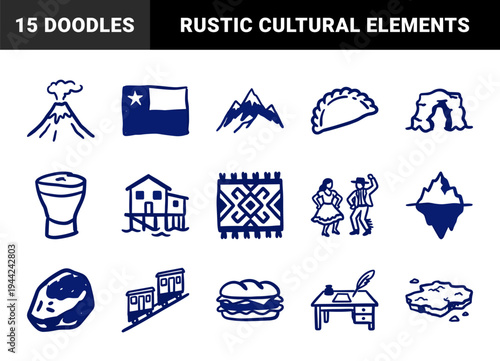 Chilean cultural and travel motifs in a rustic hand-drawn doodle style. Naive marker sketch illustrations featuring Chile national symbols and landmarks.