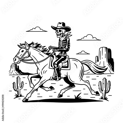 Skeleton cowboy riding a horse in a desert landscape.