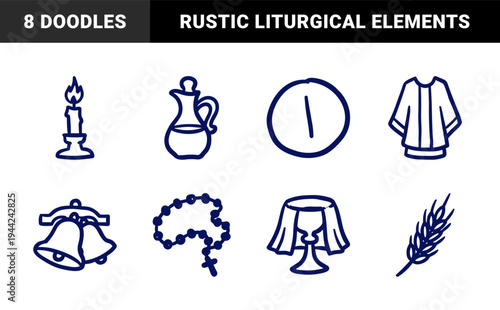 Hand-drawn Catholic liturgical symbols and eucharistic elements for religious branding. Rustic naive marker sketch illustrations featuring sacred mass traditions.
