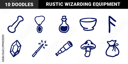 Mystical wizarding and alchemy elements for fantasy branding. Rustic hand-drawn magic supplies featuring potion, wand, and ancient rune symbols.