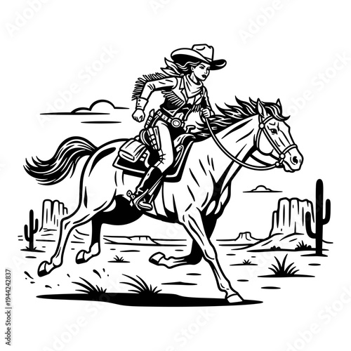 Cowgirl Riding Horse in Western Landscape.
