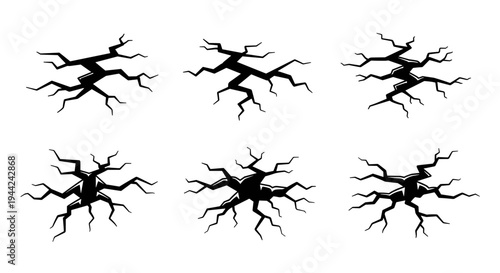 Set of Six Black Ground Cracks Illustrations.