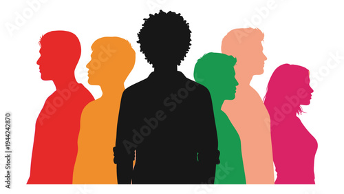 Diverse group of people silhouettes in various colors representing unity and individuality in a single line