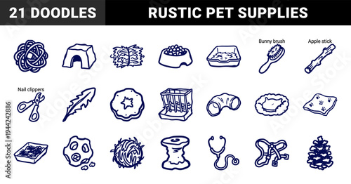 Hand-drawn rabbit care and pet supply elements in a rustic doodle style. Naive marker sketch illustrations of bunny grooming, feeding, and habitat accessories.