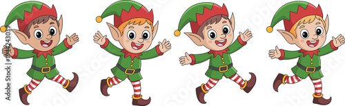 Cartoon illustration of four cheerful Christmas elves in festive green and red outfits, showcasing holiday spirit, playful poses, celebration, and seasonal design for stock use.Cartoon illustration