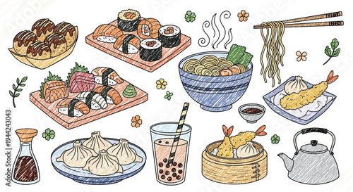 Colorful doodle illustration of a diverse selection of popular Asian foods and drinks, including sushi, ramen, dumplings, tempura, takoyaki, and bubble tea, in a playful sketch style.