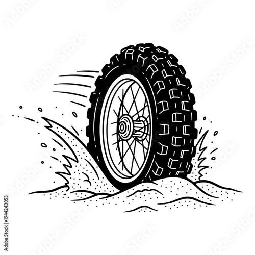 Dynamic motocross wheel spinning in dirt, creating a splash of debris, black and white illustration.