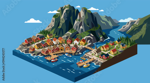 Isometric illustration depicts a colorful village by a fjord, featuring red and yellow houses, boats, and mountains under a blue sky; great for travel or lifestyle concepts.