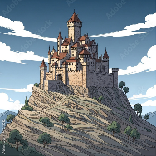 Medieval Castle on Hilltop with Towers.
