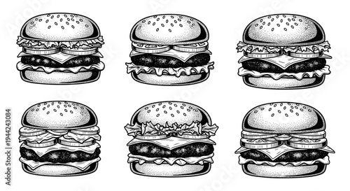 Collection of Six Hand Drawn Burgers in Sketch Style.