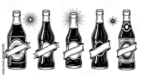 Vintage soda bottles with blank labels and starbursts in a classic engraving style.
