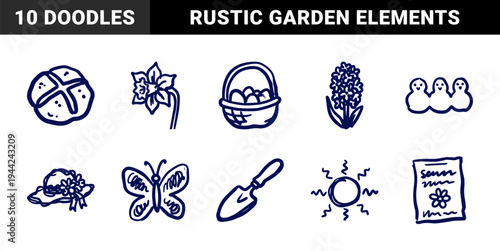 Hand-drawn spring and easter garden elements for organic branding. Rustic naive marker sketch illustrations featuring seasonal holiday concepts.