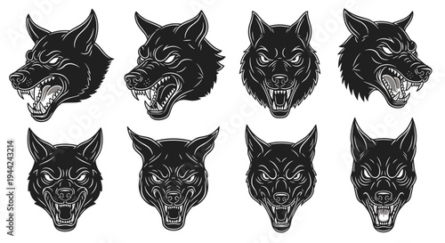 Set of eight aggressive wolf heads in various poses, black and white illustration.