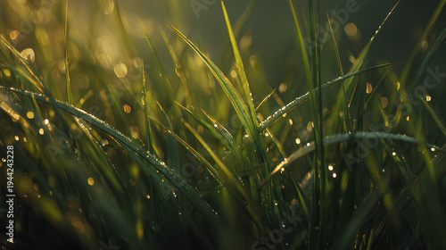  Macro photography of dense fresh spring grass. With blur effect. 