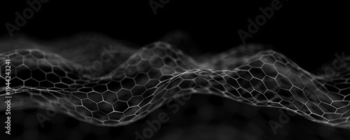 Futuristic hexagon mesh landscape on black background. Flowing honeycomb wireframe surface creates abstract digital wave. Minimal monochrome technology backdrop.