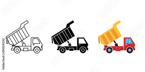 Colorful Dump Truck Icons Set for Digital Design Projects - Minimalist, flat icon, outline, glyph, linear, clipart, sticker - Vector icon set - Glyph icon