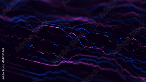 Abstract neon dotted wave field on dark background. Glowing blue and pink particle lines create dynamic digital waveform. Futuristic technology flow.