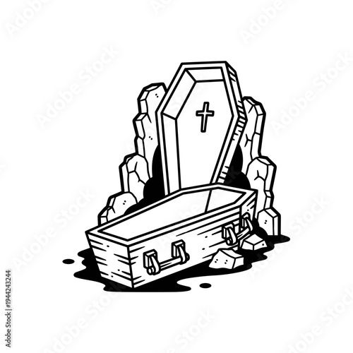 Open Coffin and Closed Casket Illustration.