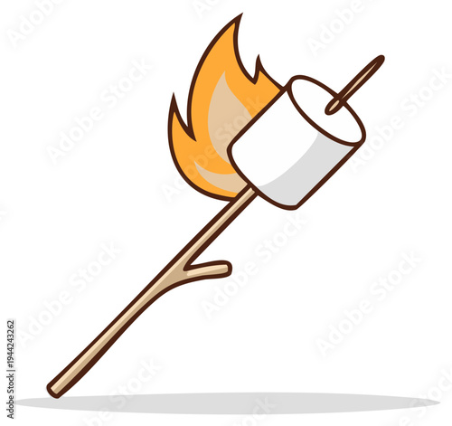 Marshmallow on a stick over a fire. Camping picnic treat, roasting dessert snack with flame