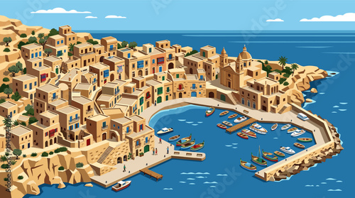 Detailed illustration of a coastal village with sandstone buildings, boats in a harbor, and people walking along the pier; suitable for travel, tourism, or mediterranean lifestyle.