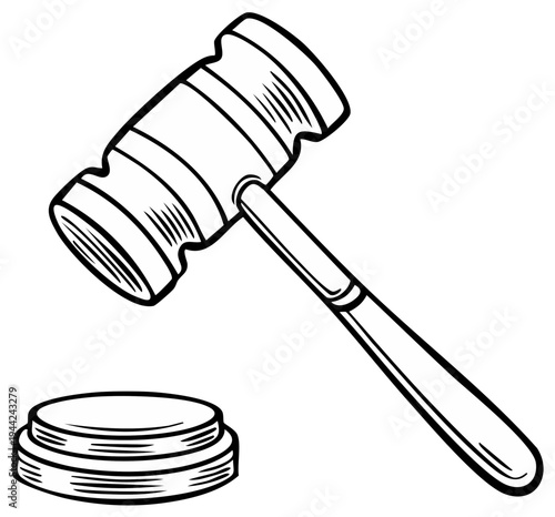 Illustration of a wooden gavel and sound block, justice and legal concept.