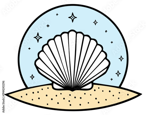 Magical Scallop Seashell on a Sandy Beach under a Starry Sky Illustration