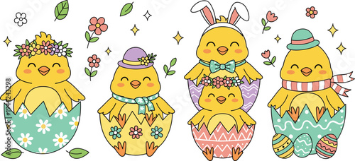 Cute Easter Chicks in Decorated Eggs Cartoon Characters Spring Holiday Bunny Hat Scarf Vector Illustration Set