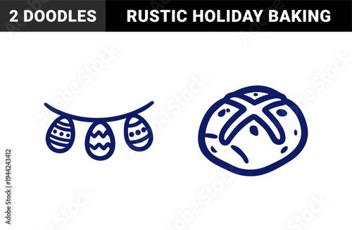 Traditional Easter hot cross bun and festive egg bunting garland in a rustic hand-drawn blue ink style. Naive marker sketch holiday celebration elements.