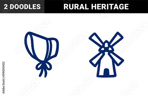 Dutch heritage and traditional lifestyle elements featuring a prairie bonnet and historic windmill in a rustic hand-drawn doodle style.