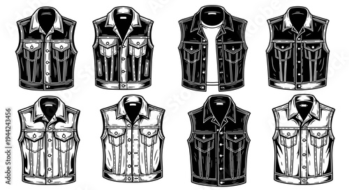Collection of various denim vests in different styles and shades, showcasing classic fashion.