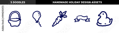 Hand-drawn Easter and spring celebration elements in a naive doodle style. Rustic indigo marker sketch of a basket, carrot, balloon, chick, and banner.