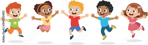 Cartoon illustration of five diverse children jumping happily in colorful outfits, showcasing joy, playfulness, childhood diversity, friendship, and expressive lifestyle design for stock use.