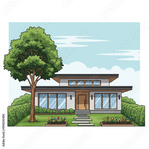 Modern Two Story House with Tree.